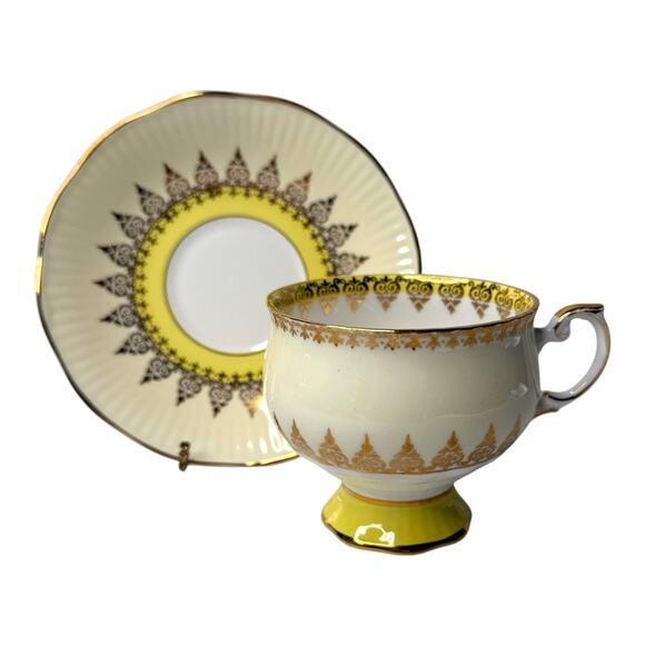 ROSINA Yellow Gold Footed TEA CUP & SAUCER SET England 1940s Fine Bone China VTG - Picture 10 of 11